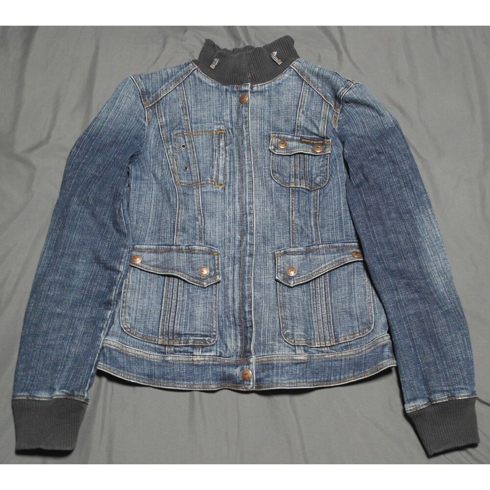 DKNY Jeans Womens Denim Knit Collar Blue Jacket Large